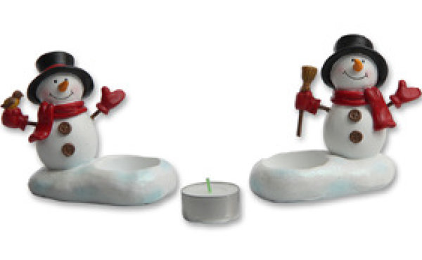 Teelichthalter Schneemann Figur mit Besen/Vogel