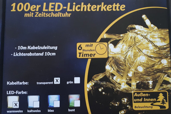 LED Außen/Innen Lichterkette WarmWeiß 100 LED Timer Transparent