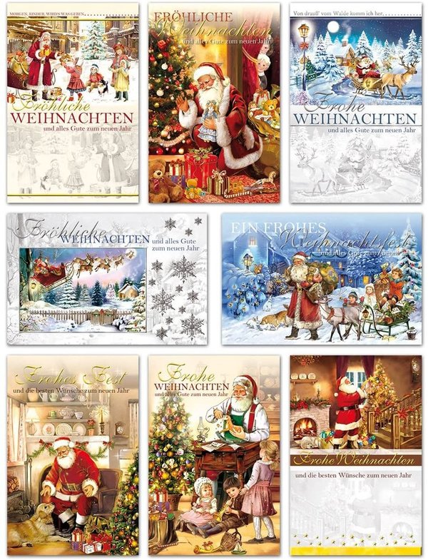 8er Set Weihnachtskarten mit Umschlag - Weihnachtsmann