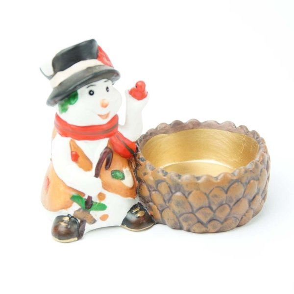 Dekofigur Keramik Schneemann mit Teelichthalter und Vogel