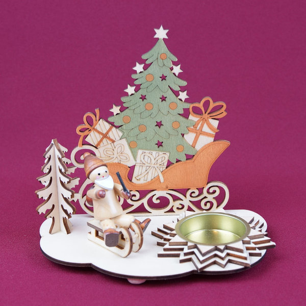 Teelichthalter Holz Weihnachtsschlitten mit Weihnachtsmann Figur, Rucksack