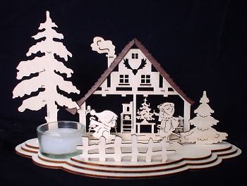 Teelichthalter Holz Häuschenmotiv Teelichtszene Winterkinder