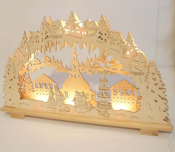 Schwibbogen 3D Seiffner Weihnachtsmarkt mit Dorf Silhouette 7 Lichter