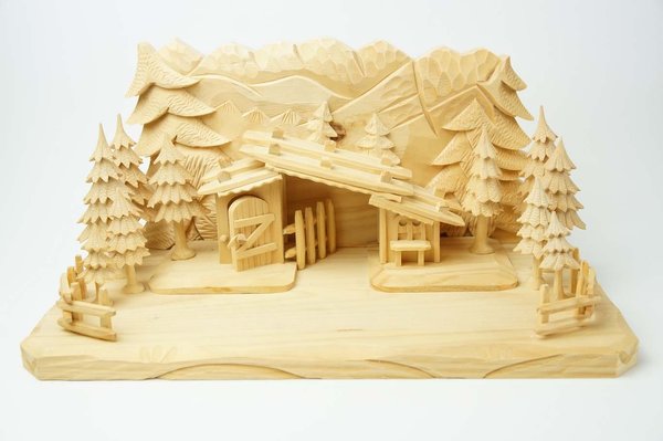 Krippenstall Natur Holz Krippeszene Wald ohne Figuren Weihnachtskrippe 20cm