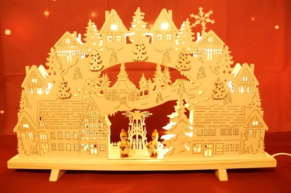 Schwibbogen Seiffener Kirche mit Weihnachtspyramide 2 Winterkinder Figuren 10 Lichter