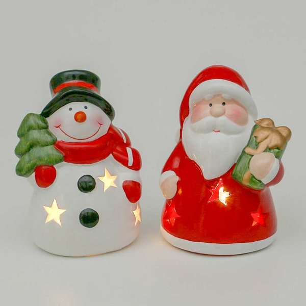 LED Keramik Schneemann/Weihnachtsmann Figur beleuchtet