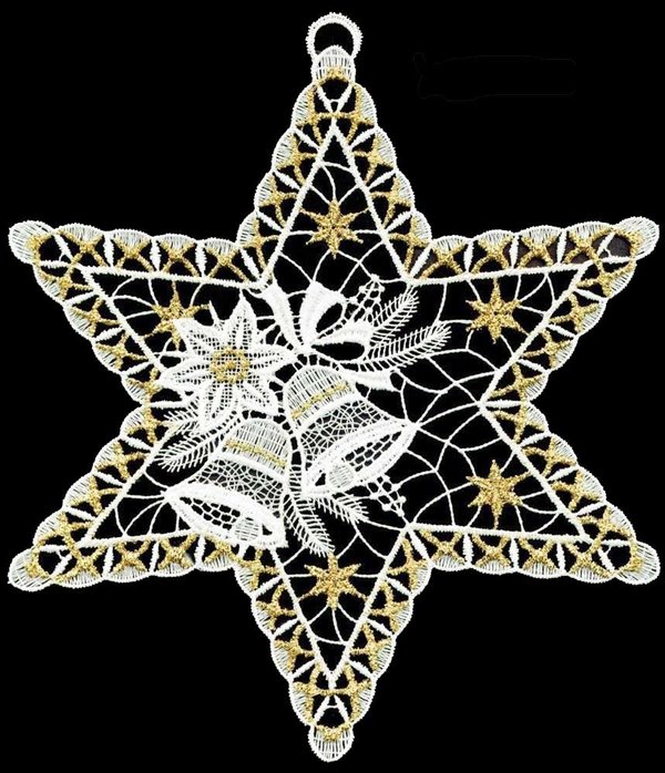 Stickerei Fensterbild Stern mit Glocken 22cm Plauener Spitze
