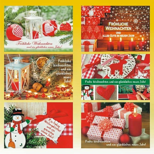 6 x Weihnachtskarten Modern Geschenke, Kerzen Querformat+Umschlag