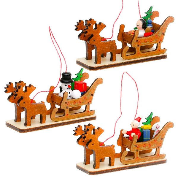 3er Set Weihnachtsschlitten Anhänger Holz 11cm Tischschmuck, Baumschmuck