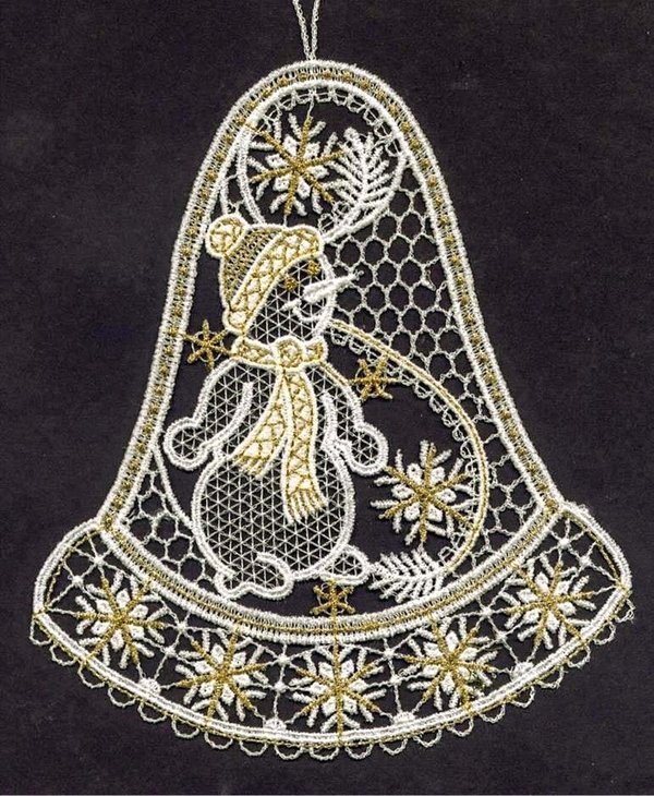 Stickerei Fensterbild Glocke mit Schneemann 18cm Spitze Weiß-Gold